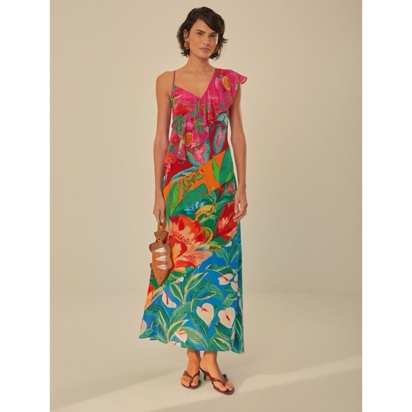 FARM Rio Dresses & Skirts - Farm Rio Mixed Flowery Ruffle One Shoulder Midi Dress Tropical Floral Medium
